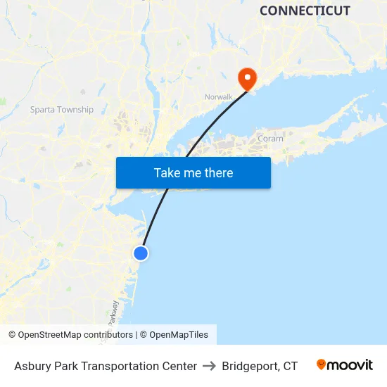 Asbury Park Transportation Center to Bridgeport, CT map