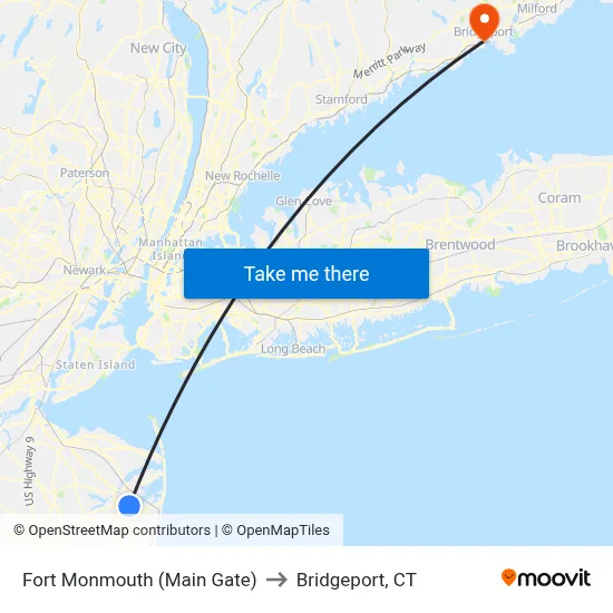 Fort Monmouth (Main Gate) to Bridgeport, CT map