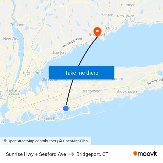 Sunrise Hwy + Seaford Ave to Bridgeport, CT map