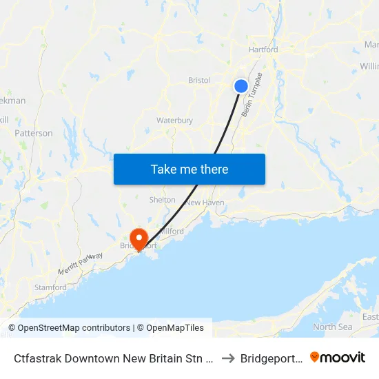 Ctfastrak Downtown New Britain Stn @ Bay B to Bridgeport, CT map