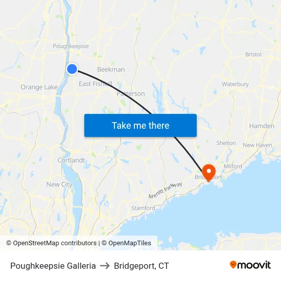 Poughkeepsie Galleria to Bridgeport, CT map