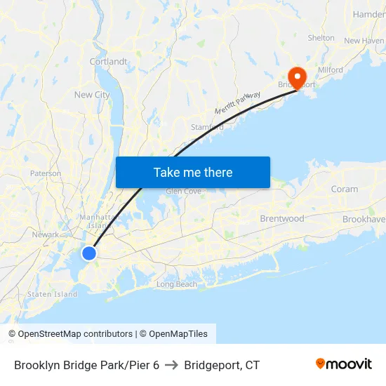 Brooklyn Bridge Park/Pier 6 to Bridgeport, CT map