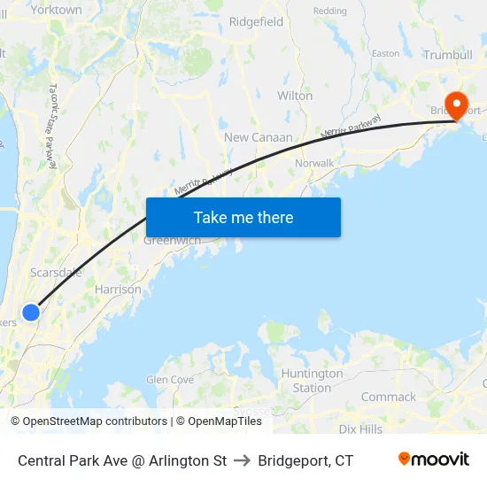 Central Park Ave @ Arlington St to Bridgeport, CT map