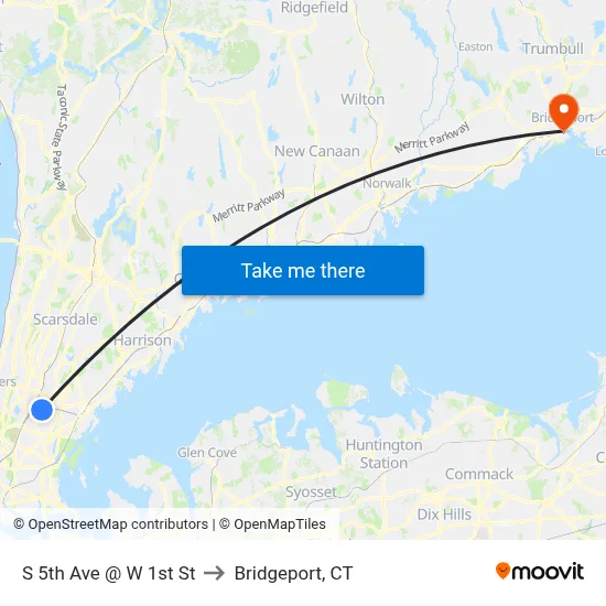 S 5th Ave @ W 1st St to Bridgeport, CT map