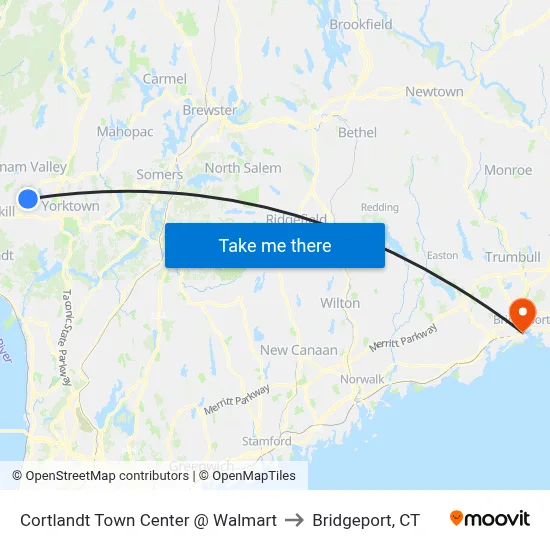 Cortlandt Town Center @ Walmart to Bridgeport, CT map