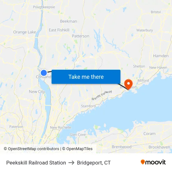 Peekskill Railroad Station to Bridgeport, CT map