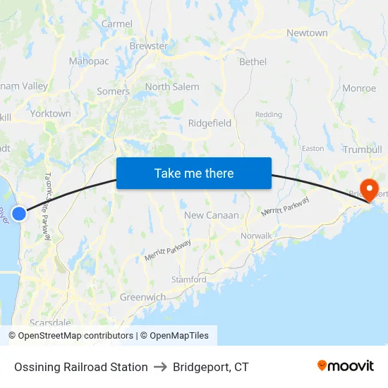 Ossining Railroad Station to Bridgeport, CT map