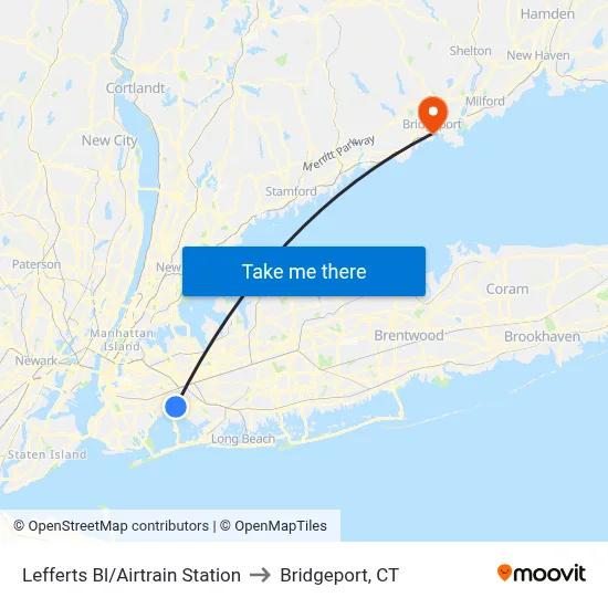Lefferts Bl/Airtrain Station to Bridgeport, CT map