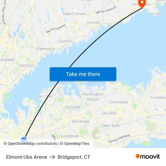 Elmont-Ubs Arena to Bridgeport, CT map