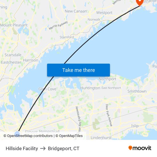 Hillside Facility to Bridgeport, CT map