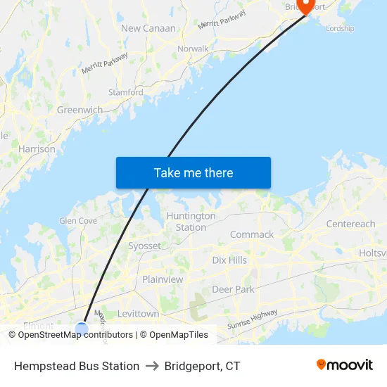 Hempstead Bus Station to Bridgeport, CT map