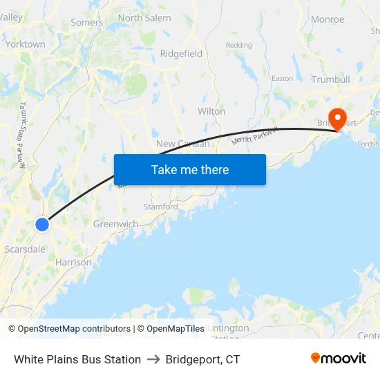 White Plains Bus Station to Bridgeport, CT map