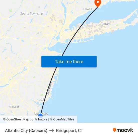 Atlantic City (Caesars) to Bridgeport, CT map