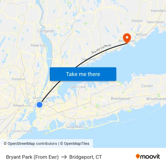 Bryant Park (From Ewr) to Bridgeport, CT map