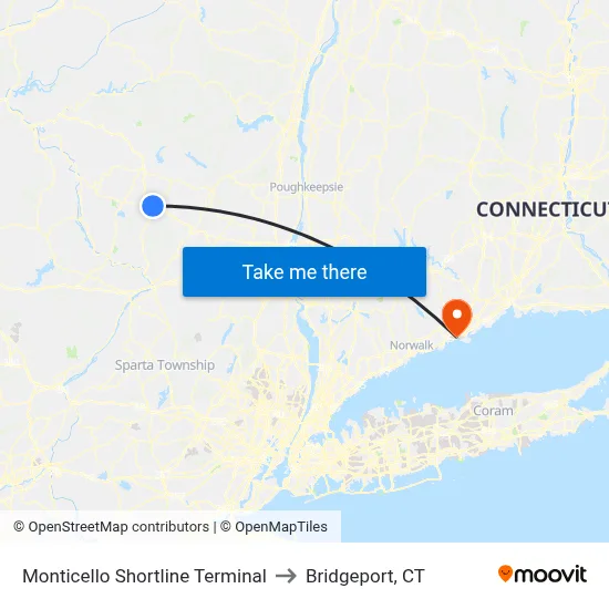 Monticello Shortline Terminal to Bridgeport, CT map