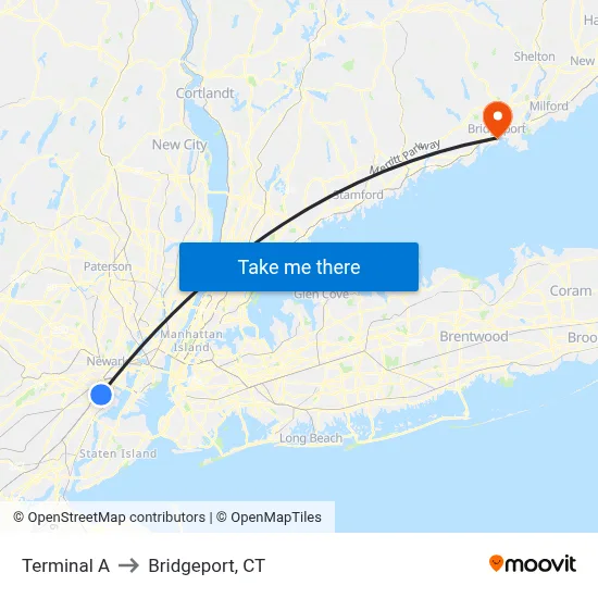 Terminal A to Bridgeport, CT map