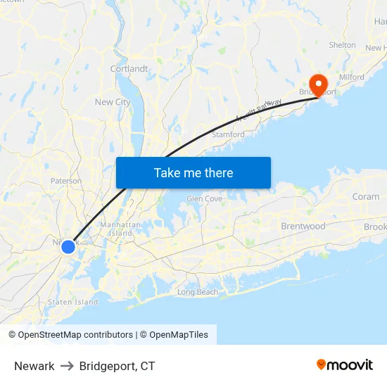 Newark to Bridgeport, CT map