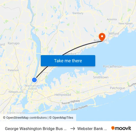George Washington Bridge Bus Terminal to Webster Bank Arena map