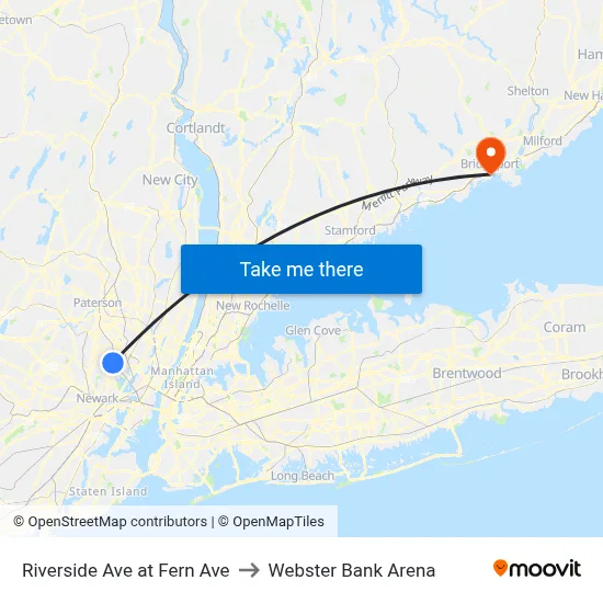 Riverside Ave at Fern Ave to Webster Bank Arena map