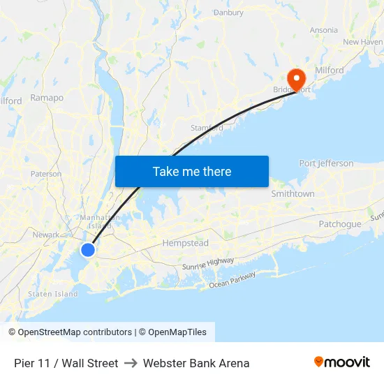 Pier 11 / Wall Street to Webster Bank Arena map