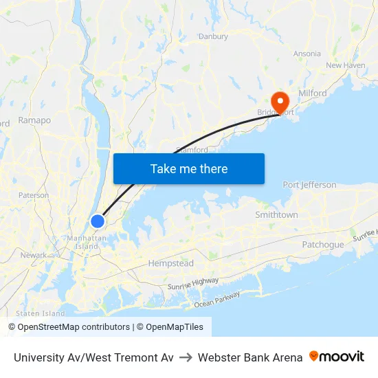 University Av/West Tremont Av to Webster Bank Arena map