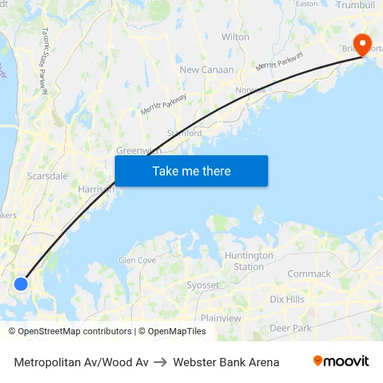 Metropolitan Av/Wood Av to Webster Bank Arena map