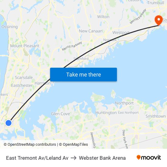 East Tremont Av/Leland Av to Webster Bank Arena map