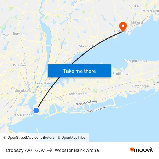 Cropsey Av/16 Av to Webster Bank Arena map
