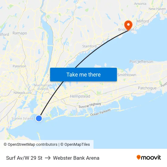 Surf Av/W 29 St to Webster Bank Arena map