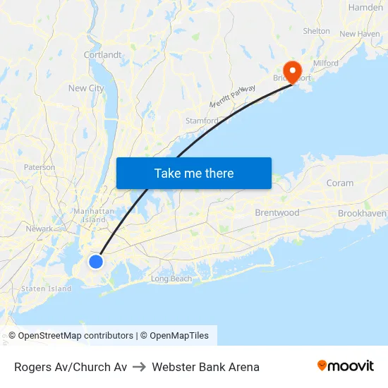 Rogers Av/Church Av to Webster Bank Arena map