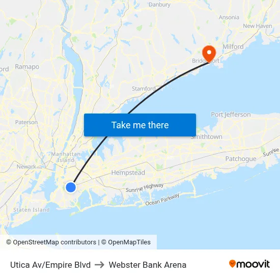 Utica Av/Empire Blvd to Webster Bank Arena map