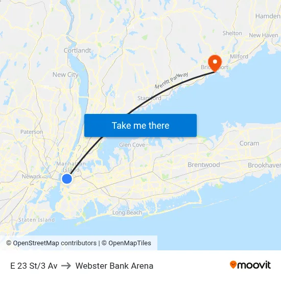 E 23 St/3 Av to Webster Bank Arena map