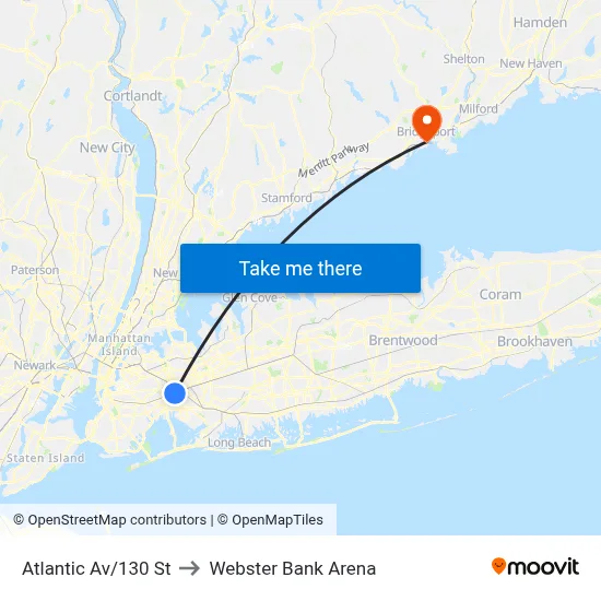 Atlantic Av/130 St to Webster Bank Arena map