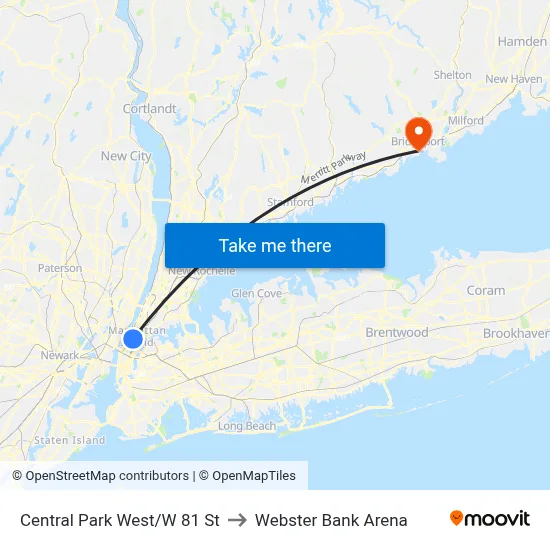 Central Park West/W 81 St to Webster Bank Arena map