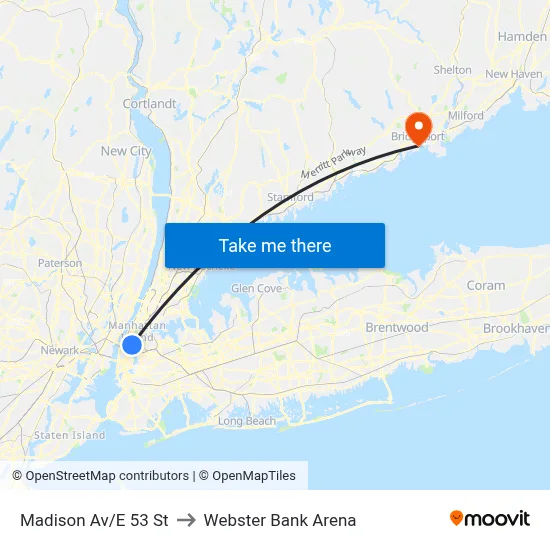 Madison Av/E 53 St to Webster Bank Arena map