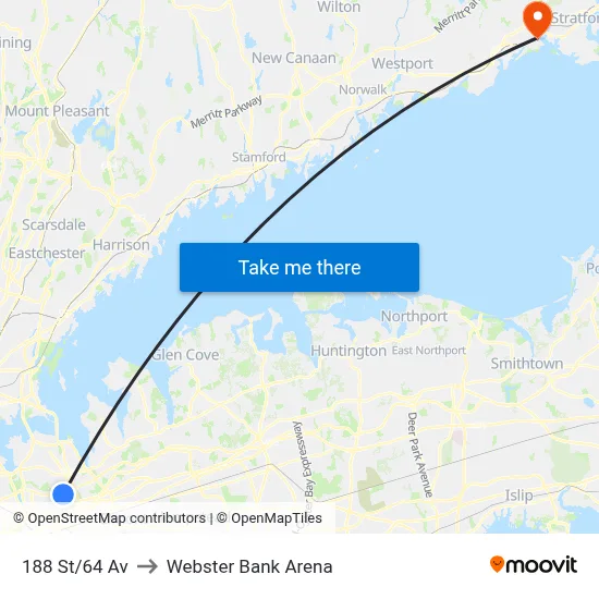 188 St/64 Av to Webster Bank Arena map