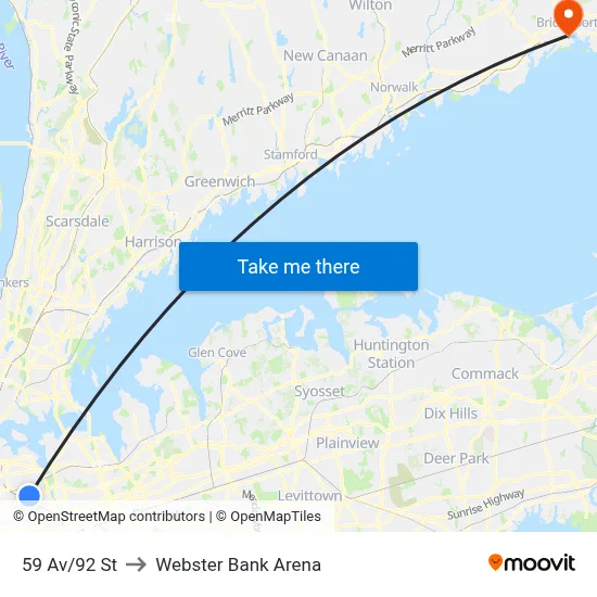 59 Av/92 St to Webster Bank Arena map