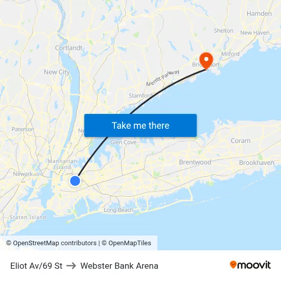 Eliot Av/69 St to Webster Bank Arena map