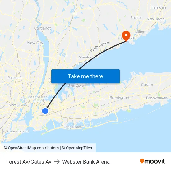 Forest Av/Gates Av to Webster Bank Arena map
