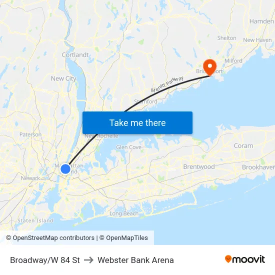 Broadway/W 84 St to Webster Bank Arena map