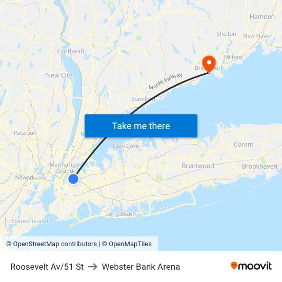 Roosevelt Av/51 St to Webster Bank Arena map