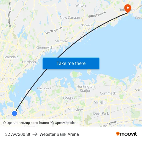 32 Av/200 St to Webster Bank Arena map