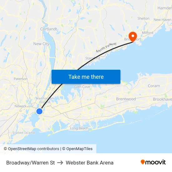 Broadway/Warren St to Webster Bank Arena map