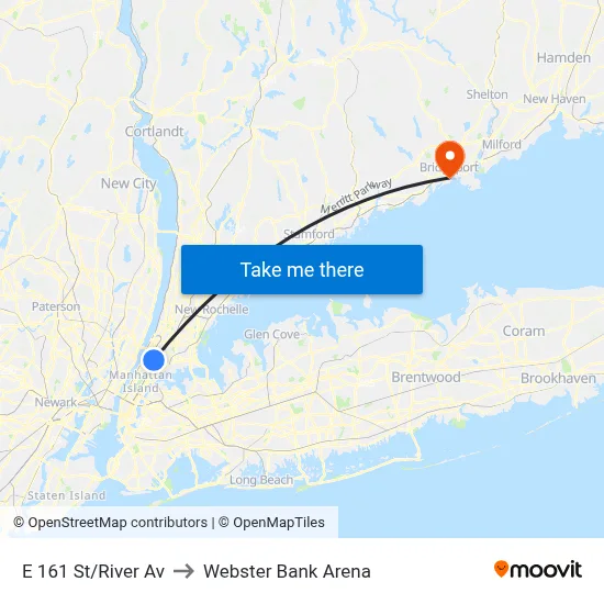 E 161 St/River Av to Webster Bank Arena map