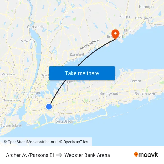 Archer Av/Parsons Bl to Webster Bank Arena map