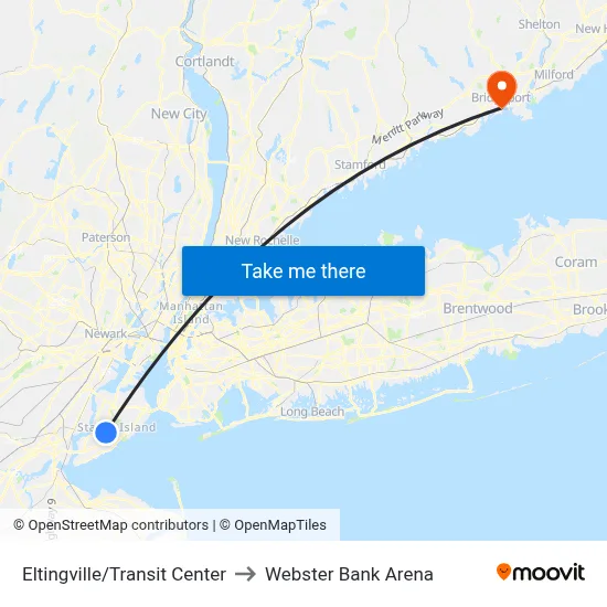Eltingville/Transit Center to Webster Bank Arena map
