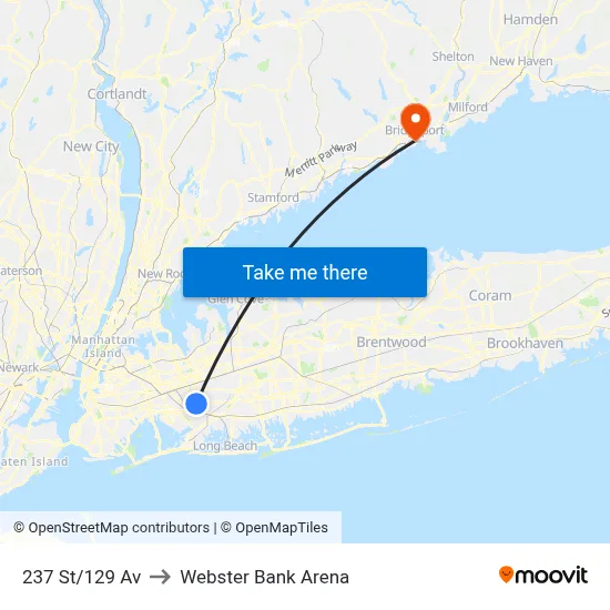 237 St/129 Av to Webster Bank Arena map