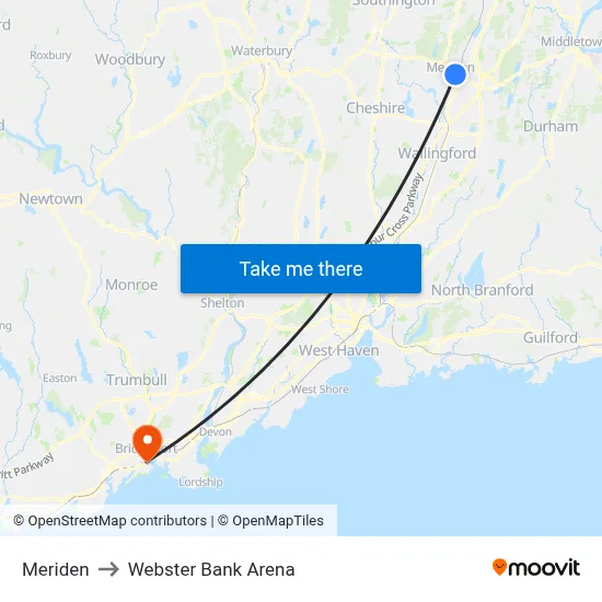 Meriden to Webster Bank Arena map