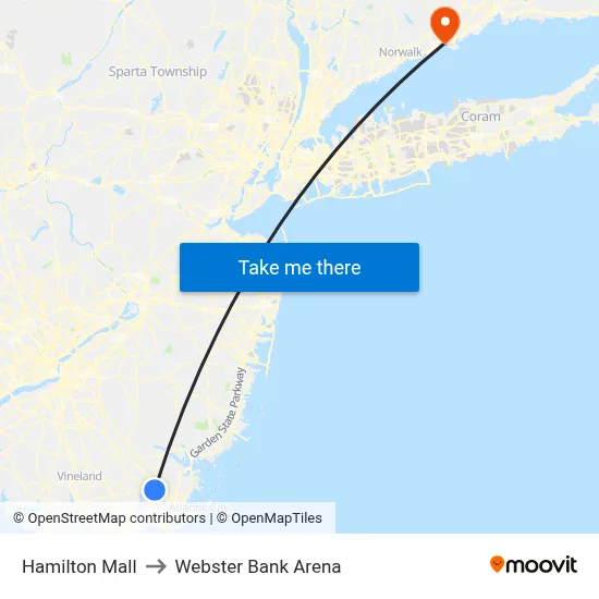 Hamilton Mall to Webster Bank Arena map