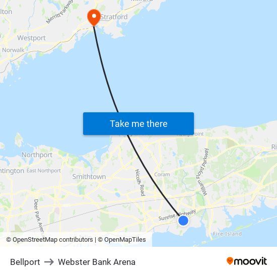 Bellport to Webster Bank Arena map